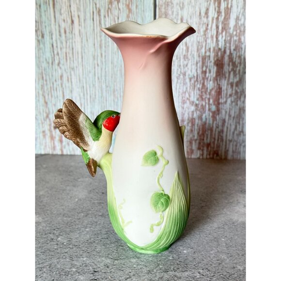 Vintage Enesco Ceramic Vase With Hummingbird & Morning Glory Flowers 6.25" - Picture 8 of 8